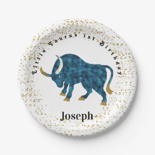 Stylish Taurus 1st Birthday & Gold Confetti Paper Plate