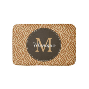 Stylish Tawny Brown Zebra Print Monogram and Name Bath Mat