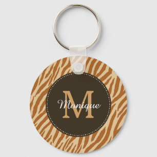 Stylish Tawny Brown Zebra Print Monogram and Name Key Ring