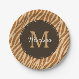 Stylish Tawny Brown Zebra Print Monogram and Name Paper Plate