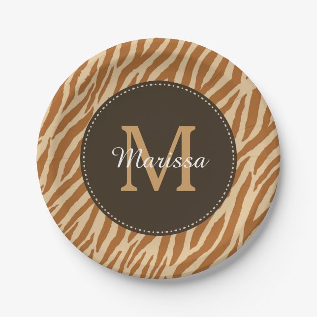 Stylish Tawny Brown Zebra Print Monogram and Name Paper Plate (Front)