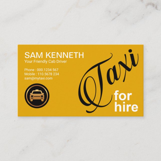 Stylish Taxi For Hire Signage Yellow Taxi Driver Business Card (Front)