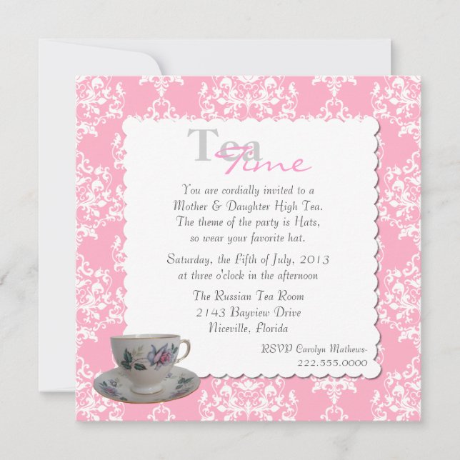 Stylish Tea Party Pink Damask Invitation (Front)