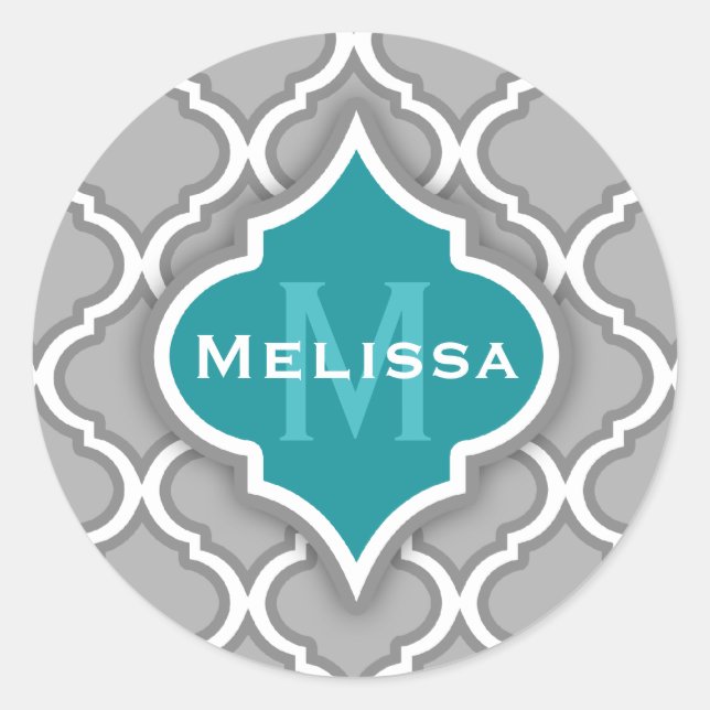 Stylish Teal and Grey Moroccan Tile Pattern Classic Round Sticker (Front)