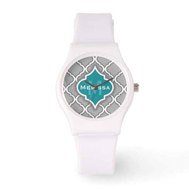 Stylish Teal and Grey Moroccan Tile Pattern Watch (Front)