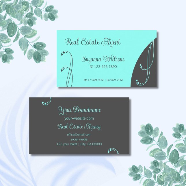 Stylish Teal and Grey Ornamental Squiggled Ornate Business Card (Creator Uploaded)
