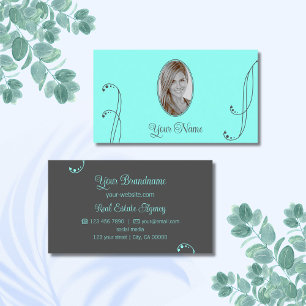 Stylish Teal and Grey Ornate with Portrait Photo Business Card