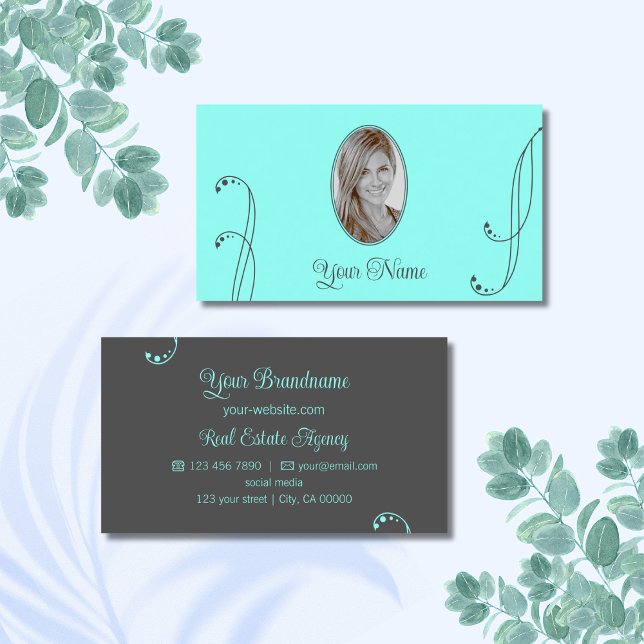 Stylish Teal and Grey Ornate with Portrait Photo Business Card (Creator Uploaded)