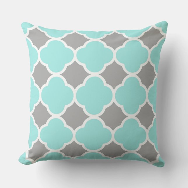 Stylish Teal and Grey Quatrefoil Pattern Cushion (Front)