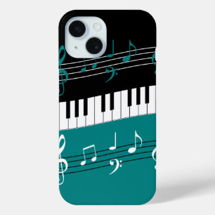 Stylish Teal Black White Piano Keys and Notes iPhone 15 Case