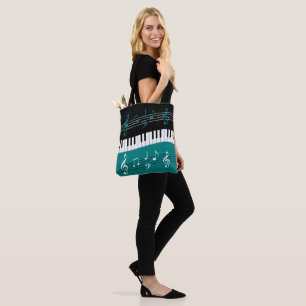 Stylish Teal Black White Piano Keys and Notes Tote Bag