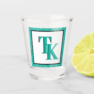 Stylish Teal Blue Glitter Glam Monogram Initials Shot Glass