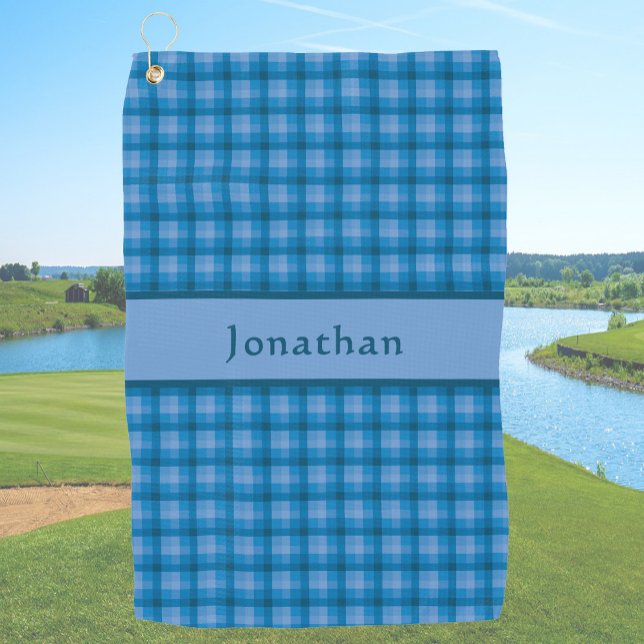 Stylish Teal Blue Plaid Personalized Name  Golf Towel (Creator Uploaded)