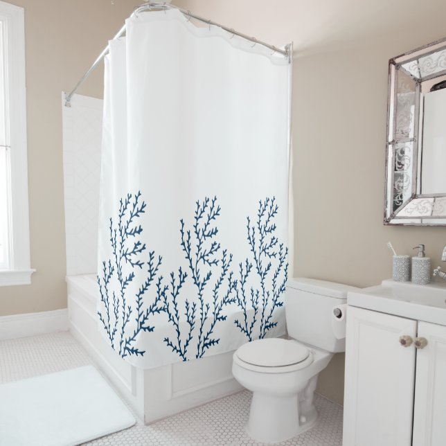 Stylish Teal Blue Seaweed Pattern Shower Curtain (In Situ)