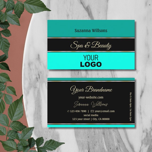 Stylish Teal Borders on Black Modern with Logo Business Card (Creator Uploaded)