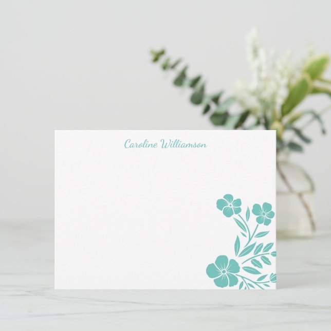 Stylish Teal Floral Drawing Personalised Script  Card (Standing Front)
