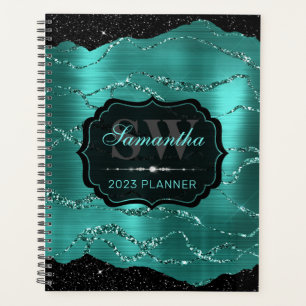 Stylish Teal Glitter Marble & Black Edges Monogram Planner