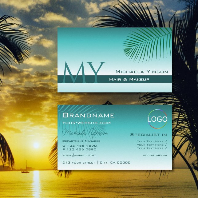 Stylish Teal Gradient Palm Leaf Monogram and Logo Business Card (Creator Uploaded)