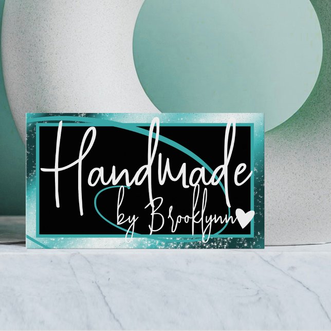 Stylish Teal Green Frame Heart Handmade by Name  Business Card (Creator Uploaded)