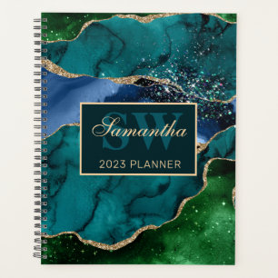Stylish Teal, Green & Gold Glitter Agate Monogram Planner