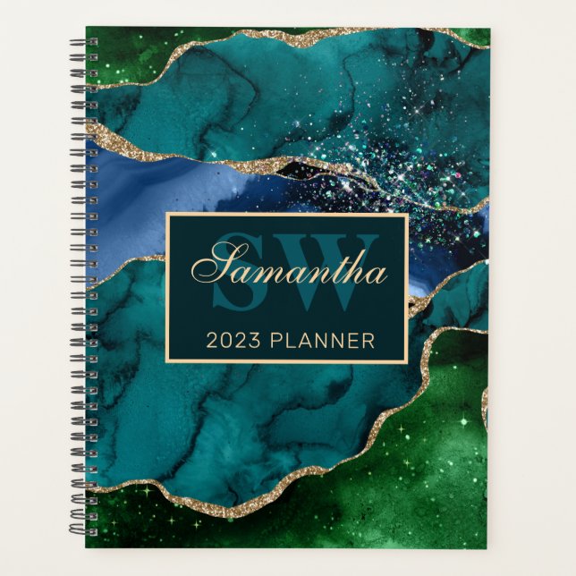 Stylish Teal, Green & Gold Glitter Agate Monogram Planner (Front)
