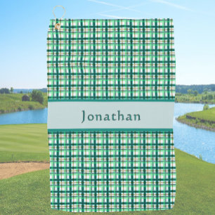 Stylish Teal Green Plaid Personalised Name Golf Towel