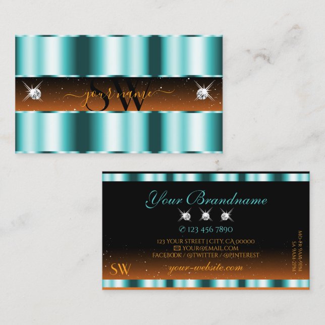 Stylish Teal Orange Black Sparkle Jewels Initials Business Card (Front/Back)