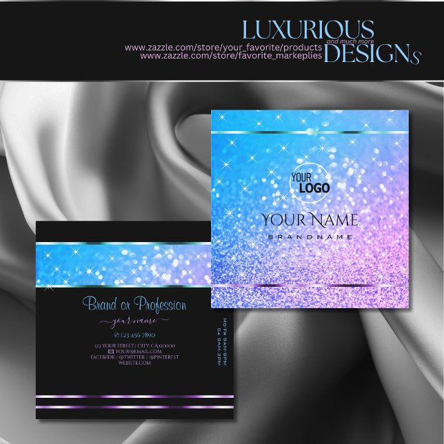 Stylish Teal Purple Glitter Sparkle Stars add Logo Square Business Card (Creator Uploaded)