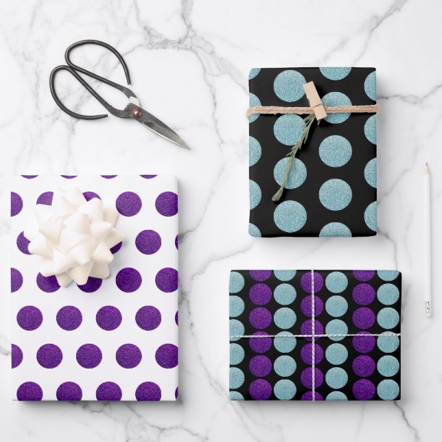 Stylish Teal Purple Glittery Polka Dots Festive Wrapping Paper Sheet (Front)