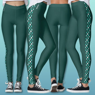 Stylish Teal Sea Green Polka Dots Band Custom Name Leggings