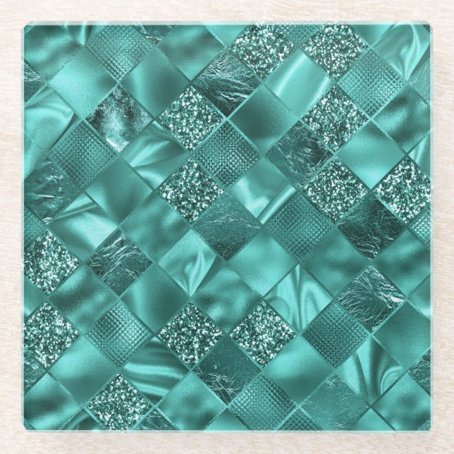 Stylish Teal Shimmer Glitter and Foil Diamonds Glass Coaster (Front)
