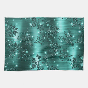 Stylish Teal Shimmer Glitter and Foil Floral Tea Towel