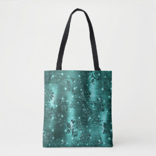 Stylish Teal Shimmer Glitter and Foil Floral Tote Bag