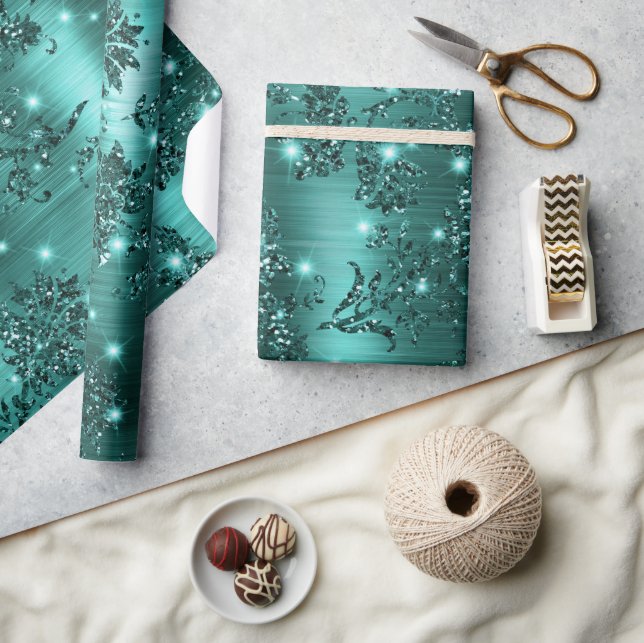 Stylish Teal Shimmer Glitter and Foil Floral Wrapping Paper (Crafts)
