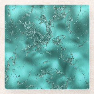 Stylish Teal Shimmer Glitter & Foil Marble effect Glass Coaster