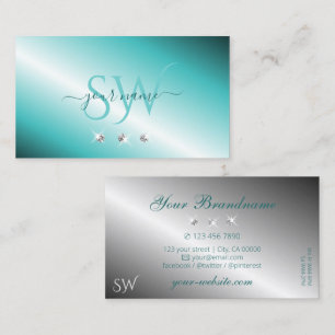 Stylish Teal Silver Sparkling Diamonds Monogram Business Card