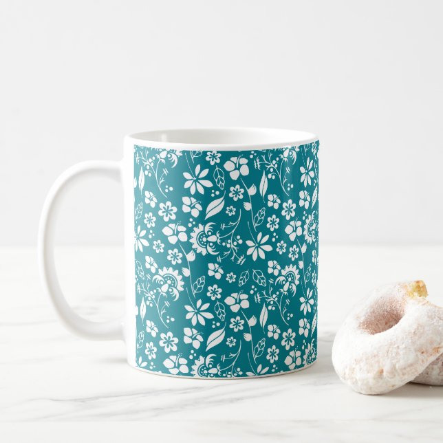 Stylish Teal Turquoise Blue Floral Pattern Coffee Mug (With Donut)