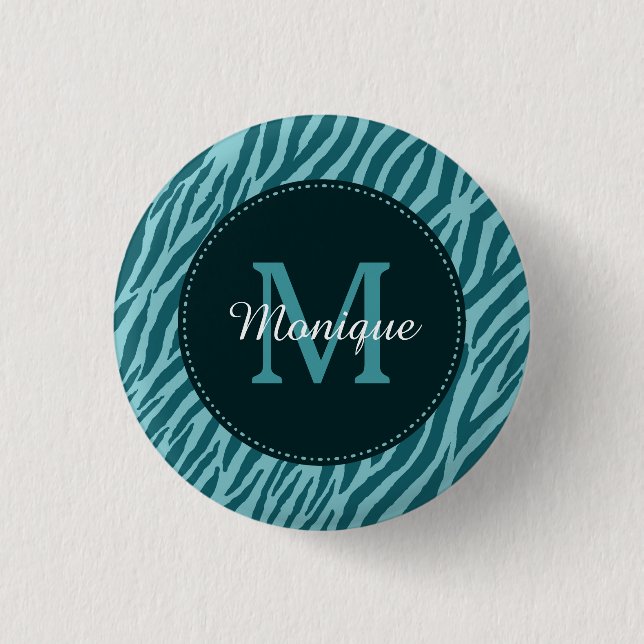 Stylish Teal Zebra Print With Monogram and Name 3 Cm Round Badge (Front)