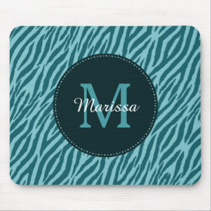 Stylish Teal Zebra Print With Monogram and Name Mouse Pad
