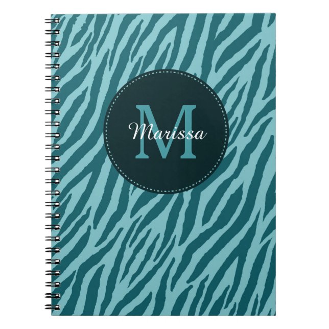 Stylish Teal Zebra Print With Monogram and Name Spiral Notebook (Front)