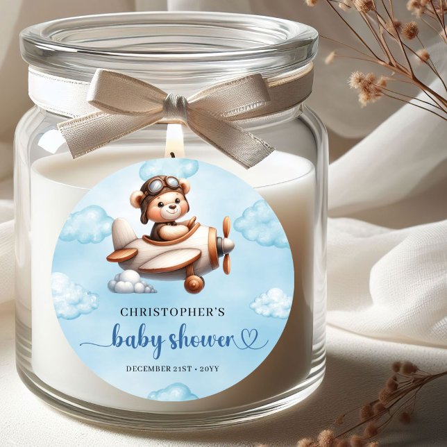 Stylish Teddy Bear Pilot Airplane Blue Brown Baby  Classic Round Sticker (Stylish Teddy Bear Pilot Airplane Blue Brown Baby Shower Sticker

)