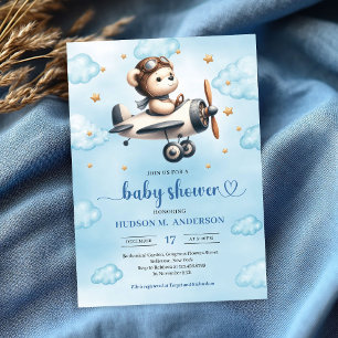 Stylish Teddy Bear Pilot Blue Gold Baby Shower Invitation