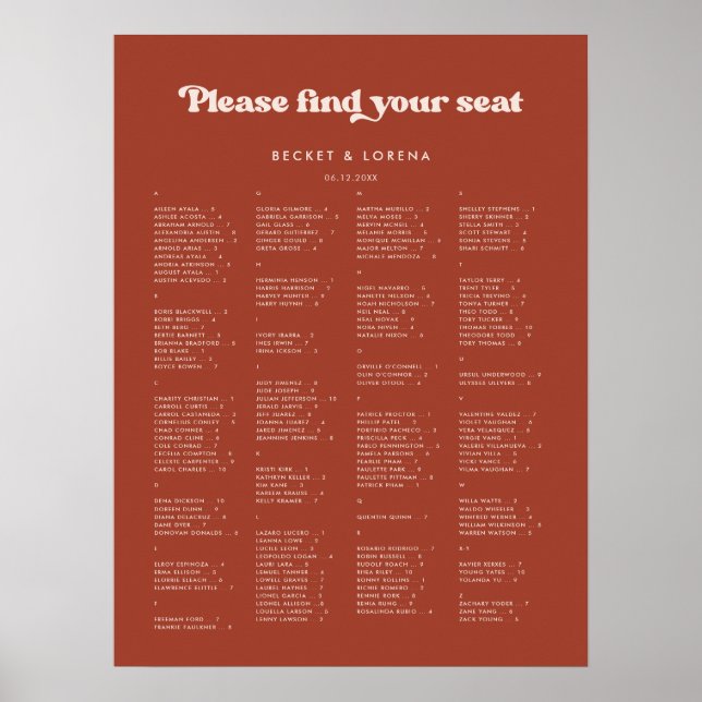 Stylish Terracotta Alphabetical seating chart (Front)
