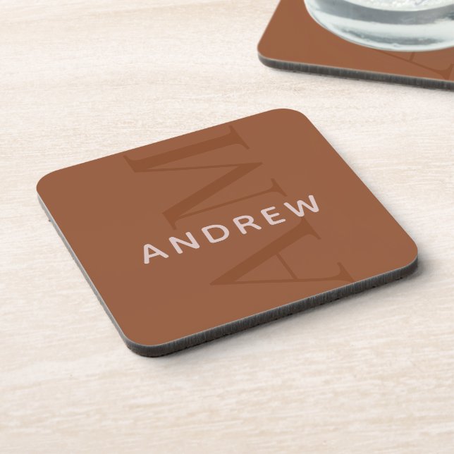 Stylish Terracotta Brown Monogram with Name Coaster (Left Side)