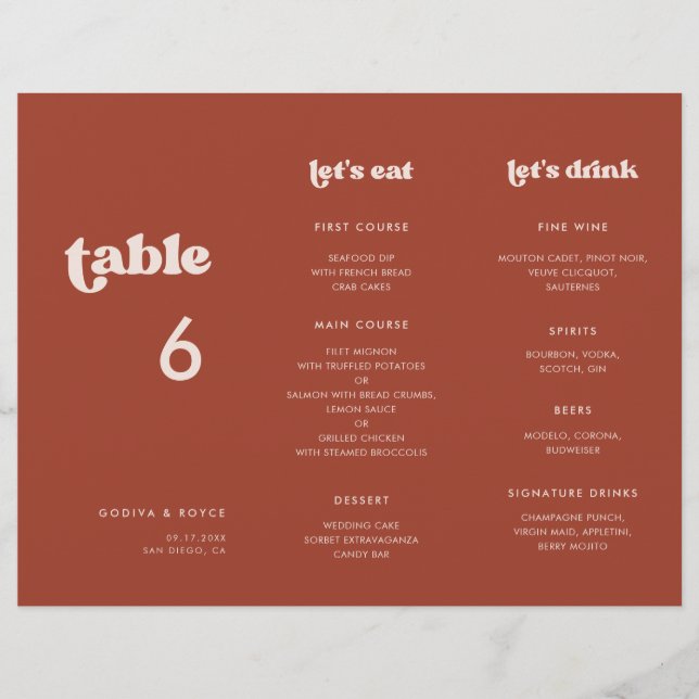 Stylish Terracotta Menu & Table number trifold (Front)