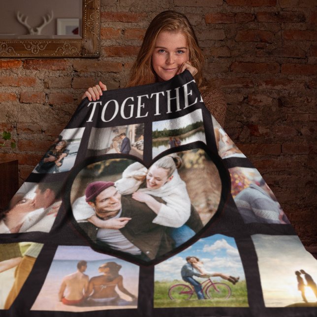 Stylish Together Forever | Heart Photo Collage Fleece Blanket (Creator Uploaded)