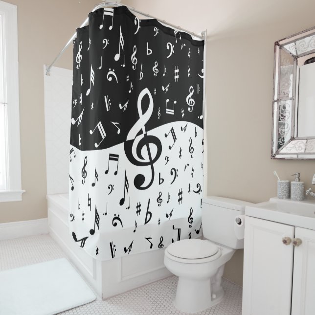 Stylish Treble Clef Wave Black and White Shower Curtain (In Situ)