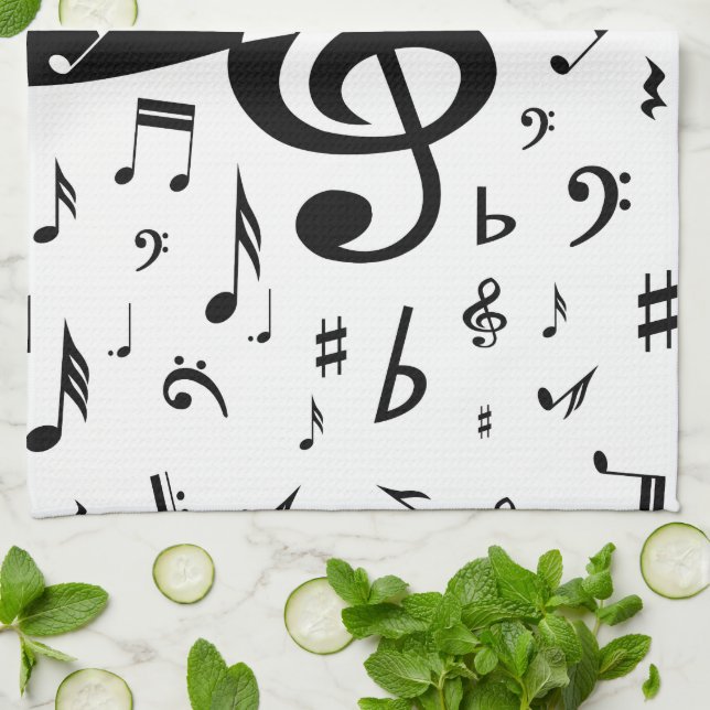 Stylish Treble Clef Wave Black and White Tea Towel (Folded)