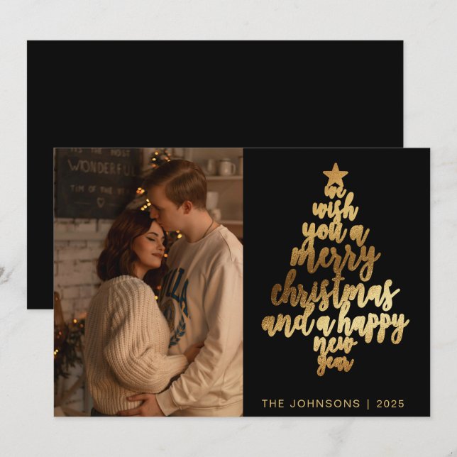 Stylish Trendy Black & Gold Family Photo Christmas Holiday Card (Front/Back)