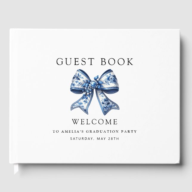 Stylish Trendy Blue Bow 2 Photos Graduation Party Guest Book (Front)
